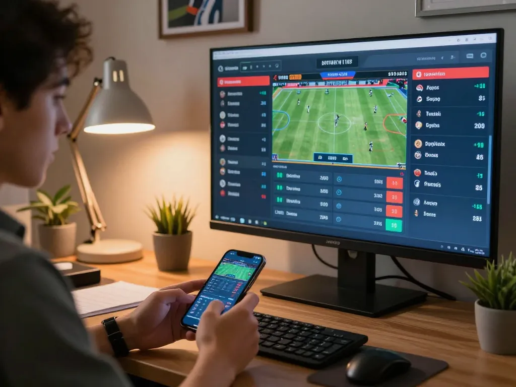 Engaging in sports betting analysis with keonhacaii on smartphone and screens displaying odds.