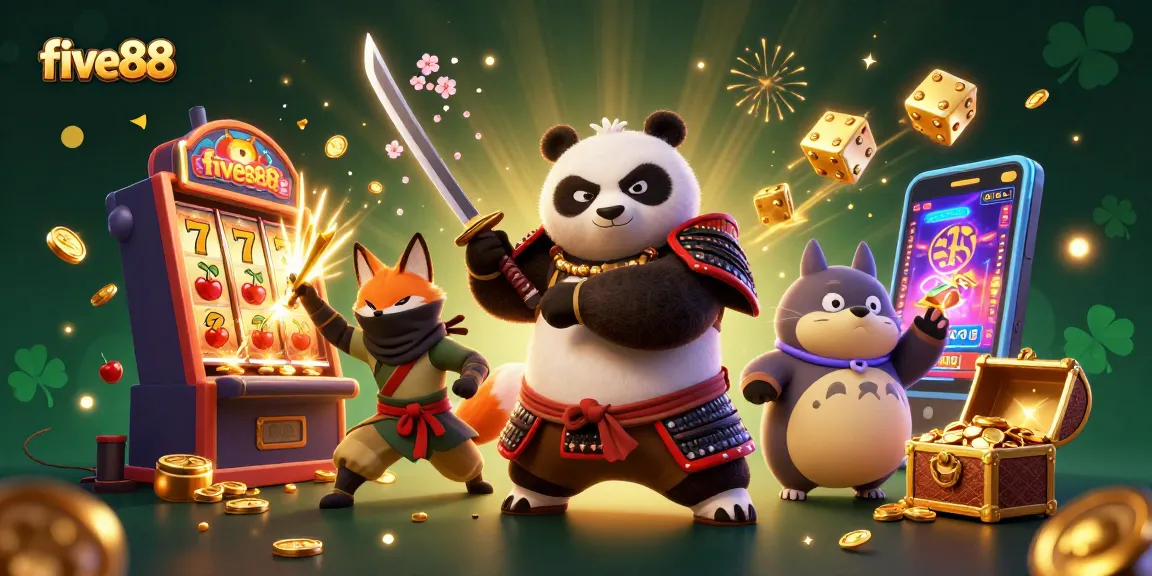 Experience the excitement of five88 with a dynamic 3D cartoon illustration of a samurai panda and slot machines.