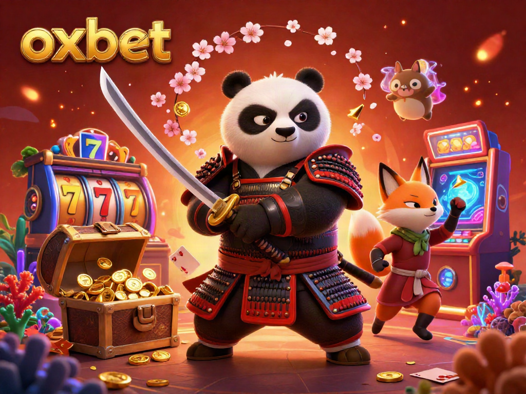 Experience the thrill of oxbet slots with a vibrant 3D illustration featuring a samurai panda and dynamic casino themes.