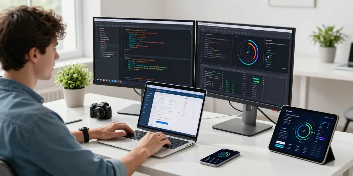 快连 VPN workspace with a developer analyzing network speed and code on dual monitors.