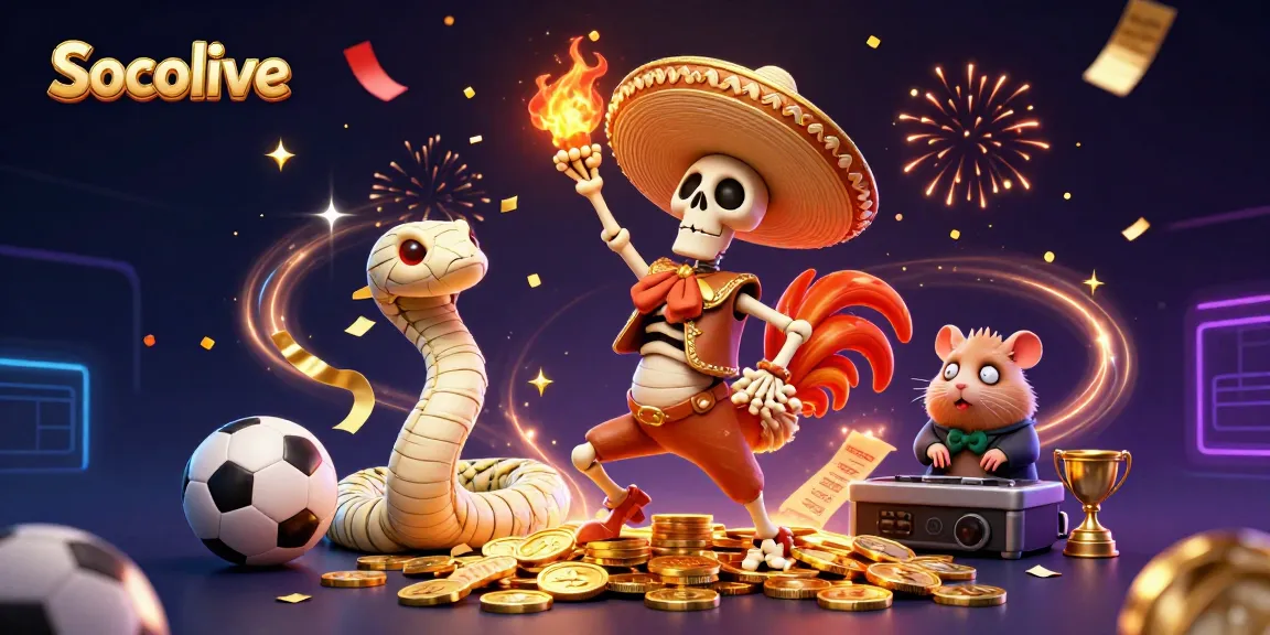 Socolive offers an exciting sports betting experience with vibrant sports-themed characters surrounded by dynamic betting elements.
