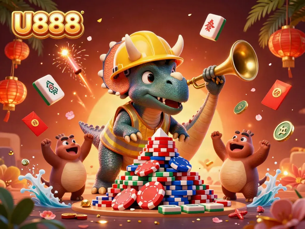 U888 brings excitement to life with a dynamic casino scene featuring a triceratops and celebration elements.
