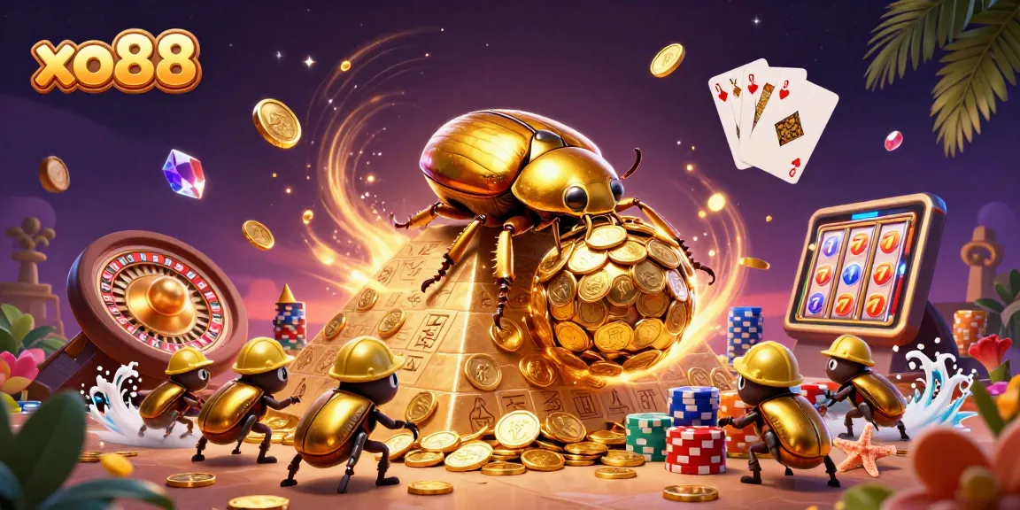 Sparkling casino scene with xo88, golden beetles rolling coins, dynamic gaming elements.
