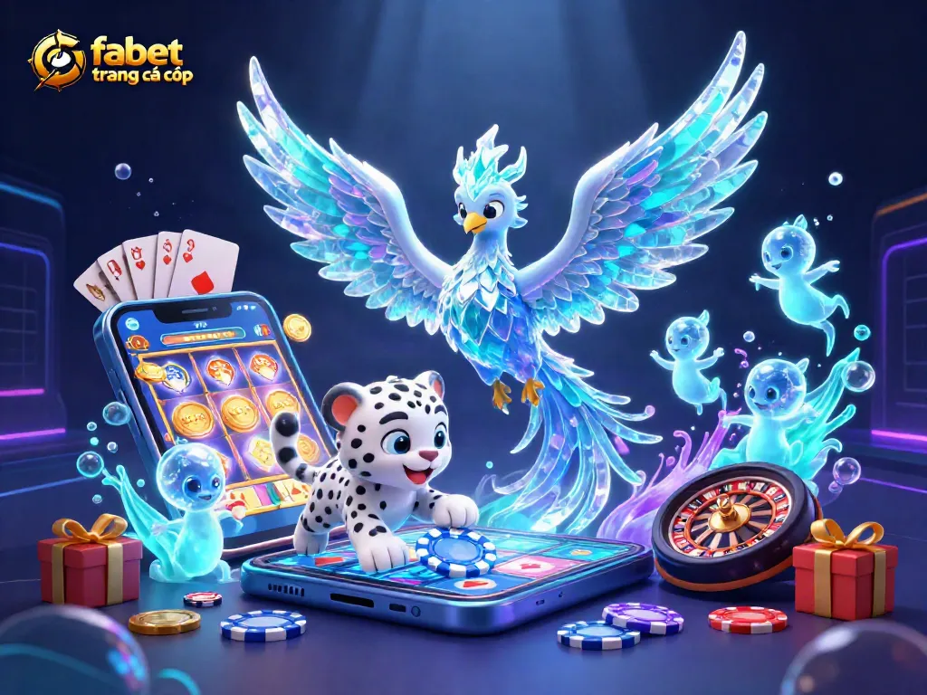Engage with fabet trang cá cược in a vibrant scene featuring an ice phoenix, poker chip, and exciting gaming elements.