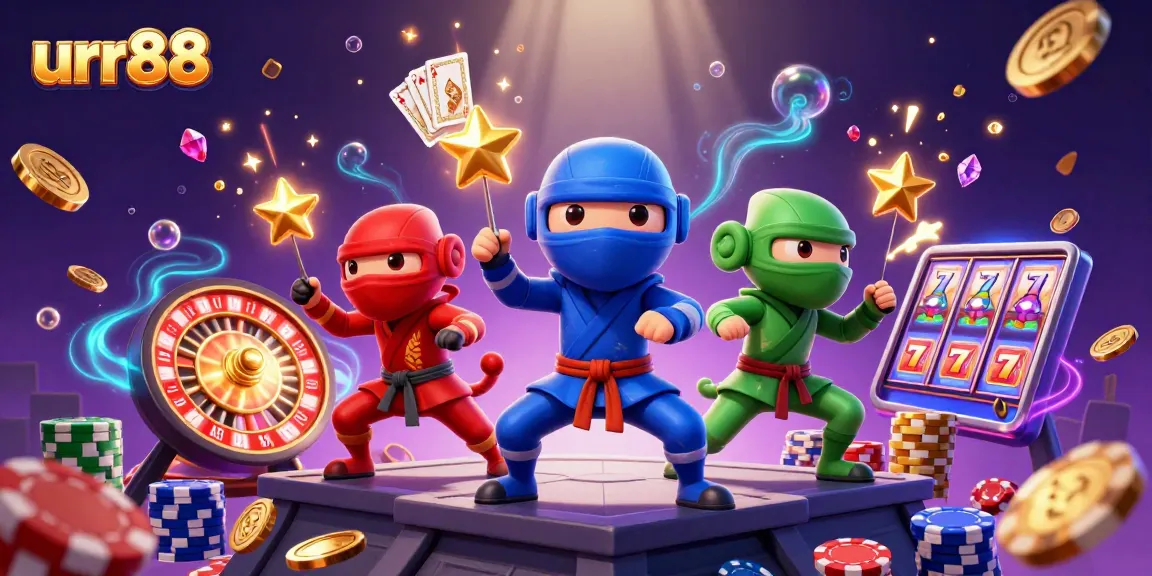 Engage with thrilling gaming at urr88 as vibrant chameleon ninjas showcase casino excitement with golden coins and roulette.