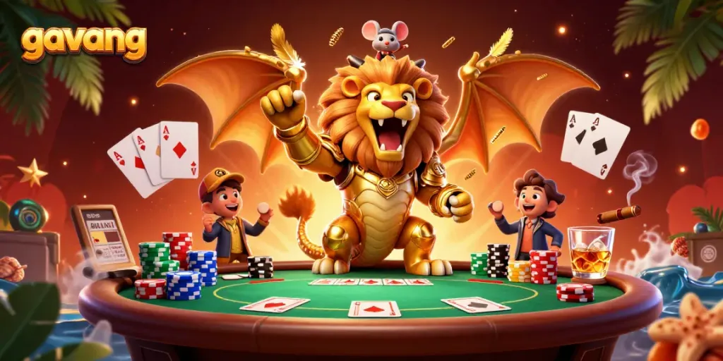 Experience high-stakes gaming action with Gavang's vibrant 3D casino illustration featuring a roaring chimera and poker elements.