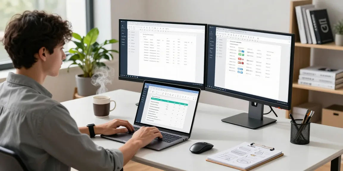 WPS Download in a modern workspace with dual monitors showing software, a laptop, and vibrant plants.