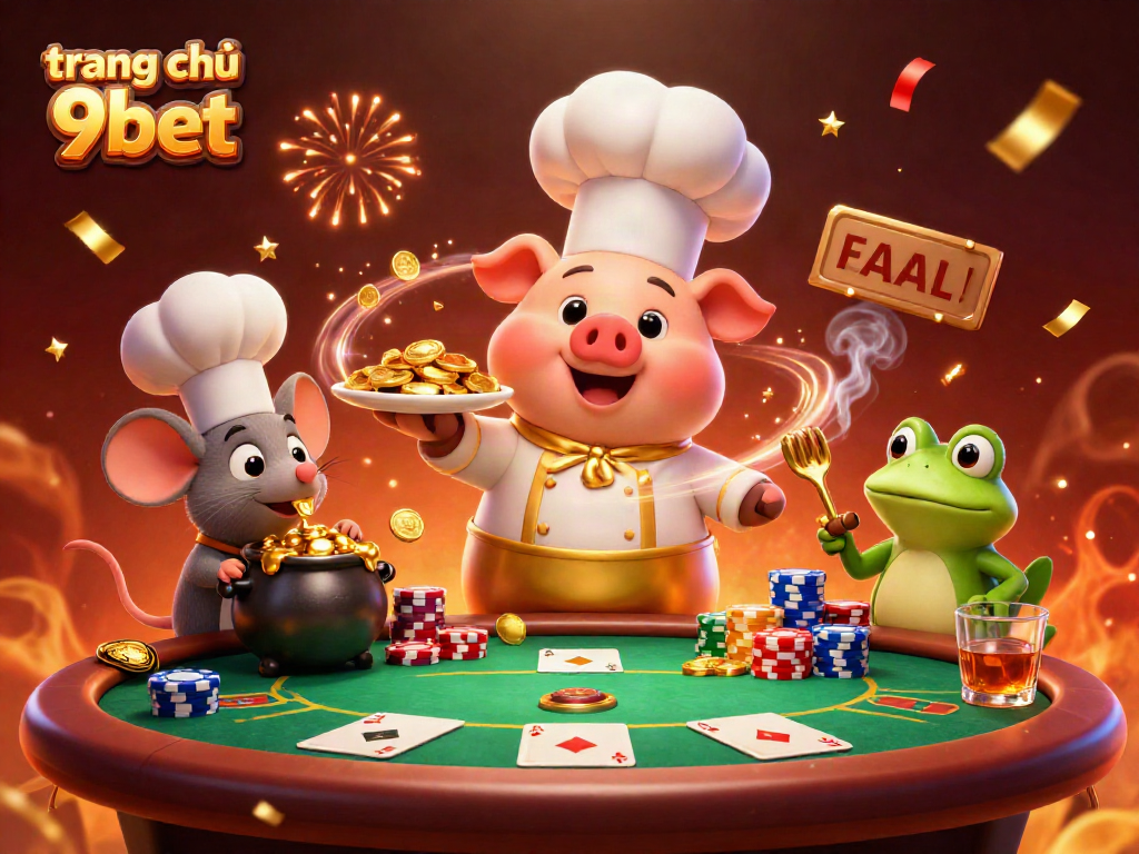 Engage with the vibrant trang chủ 9bet scene featuring a chef pig, gold coins, and dynamic poker elements.