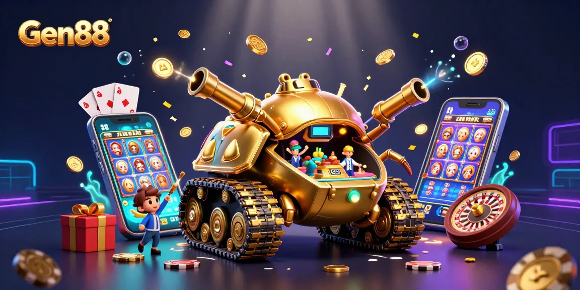 Experience thrilling gameplay at Gen88 with a golden beetle tank casino illustration filled with excitement.