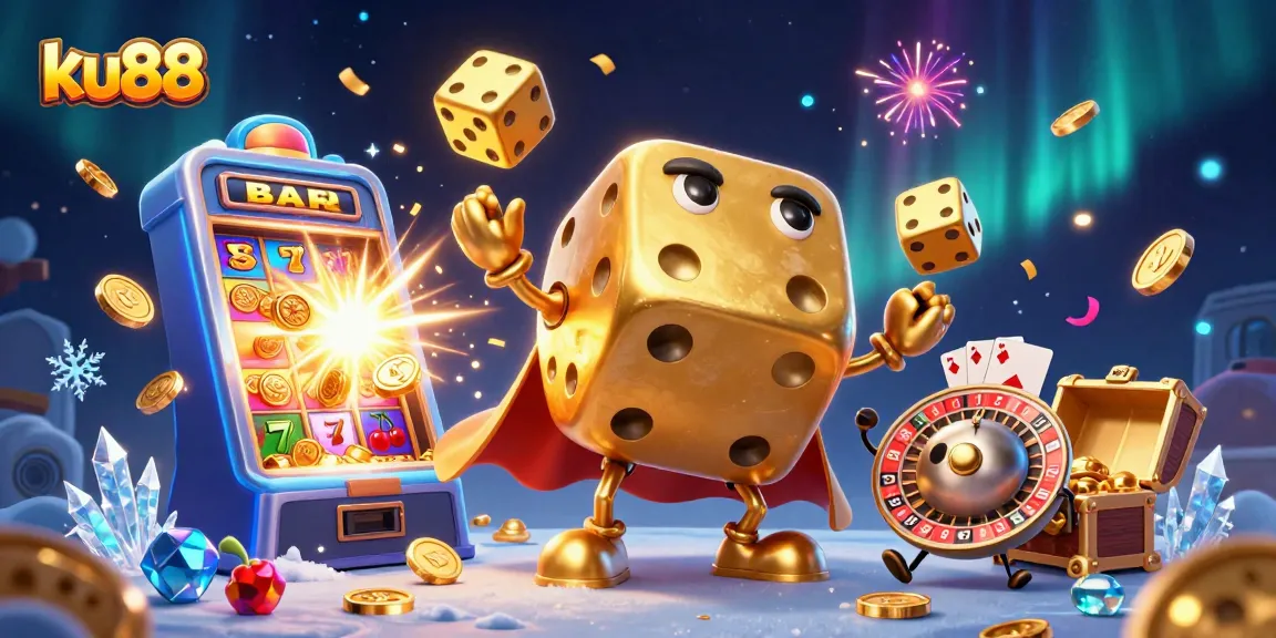 ku88's lively casino scene showcasing a golden dice golem and joyful game elements.