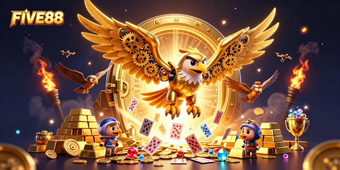 Experience the thrilling action at FIVE88 with an energetic 3D illustration showcasing casino elements.
