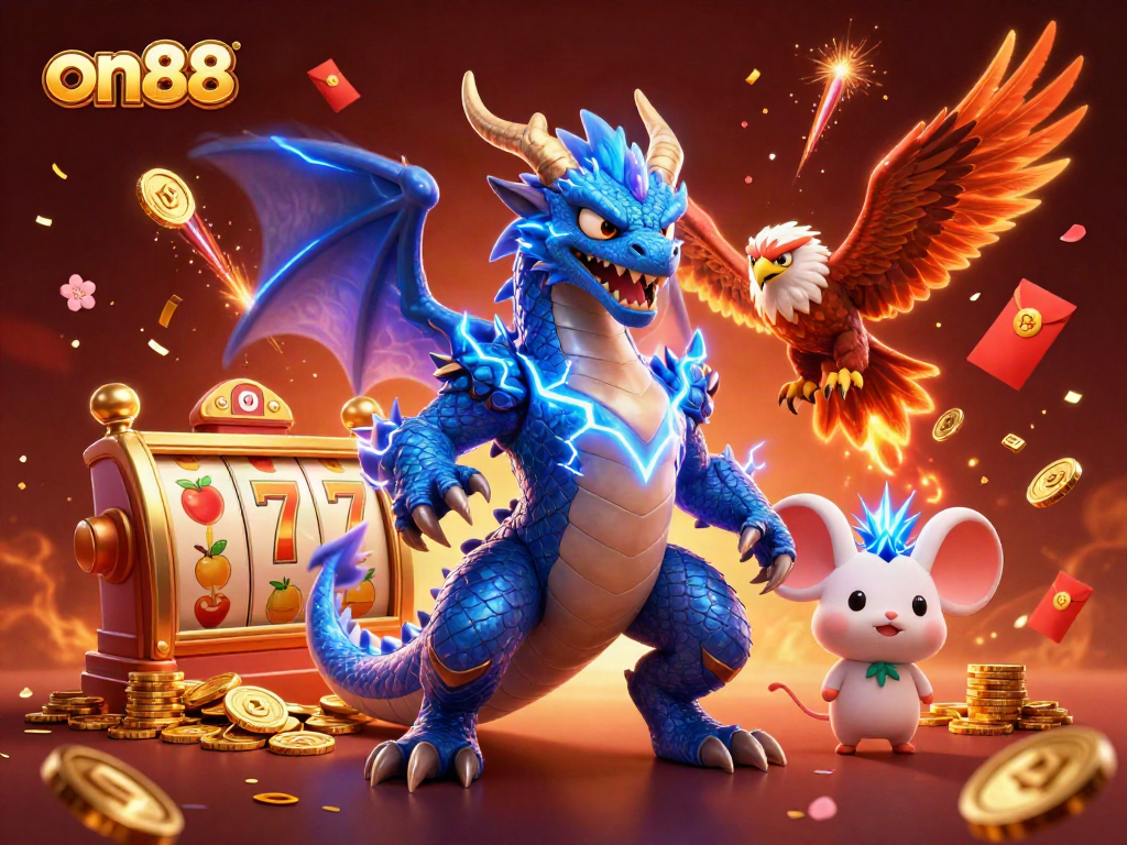 Join the excitement with on88 thunder dragon and hawk at a vibrant casino scene!