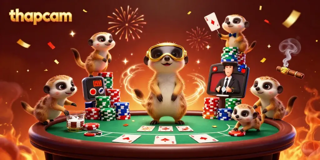 Engage with thapcam's vibrant casino illustrated scene featuring meerkats in action.