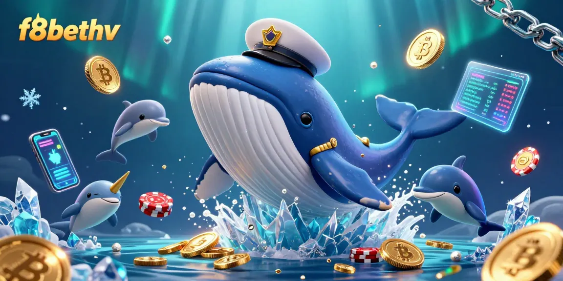 Join the excitement at f8bethv with a cartoon whale breaching through coins, showcasing vibrant casino themes.