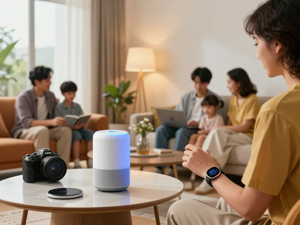 Tech gadgets for home enhancing modern living, family enjoying smart devices in a stylish living room.