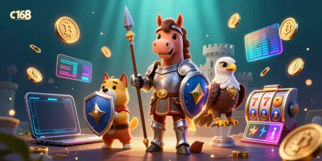 Play with c 168 odds, featuring a knight and puppy in a vibrant casino scene.