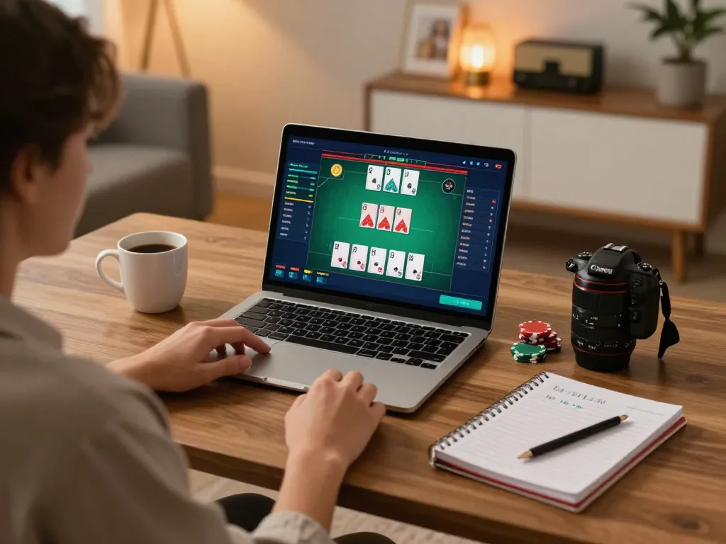 Engaging online poker gameplay on QQ888 with a laptop, showcasing cards and strategy notes.