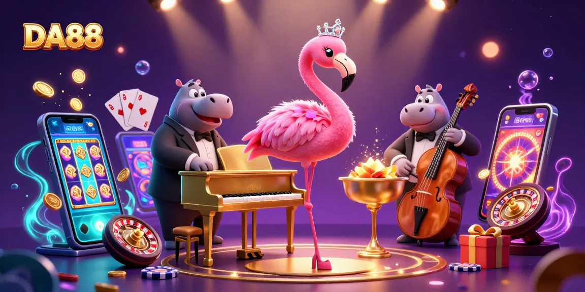 Experience thrilling moments at DA88 with a vibrant 3D casino lounge featuring musical characters and exciting games.
