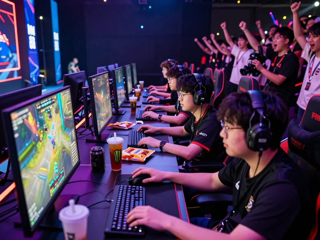 Exciting esports scene showcasing MM88 gaming competition with players, vibrant screens, and cheering fans.