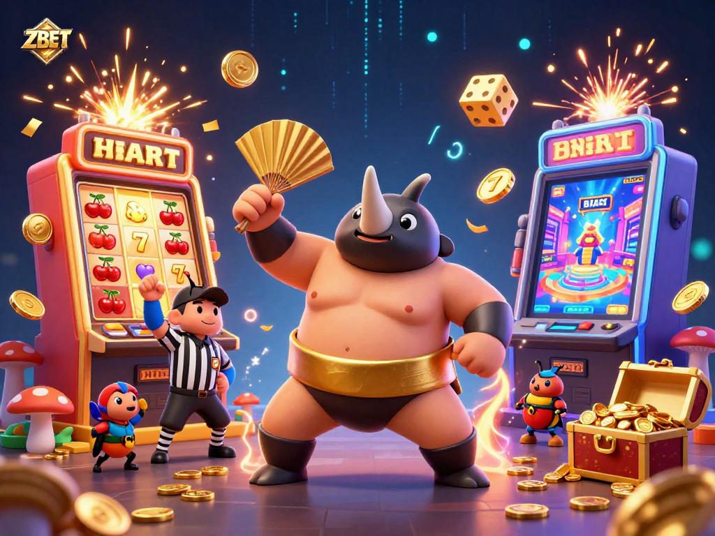 ZBET showcases a thrilling casino experience with a 3D beetle champion among jackpot slots, appealing to gamblers.