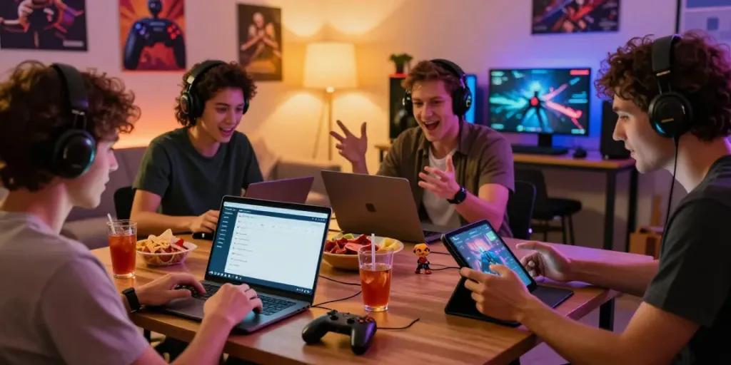 Players enjoying the Hitclub gaming platform together in a cozy living room filled with gaming elements.