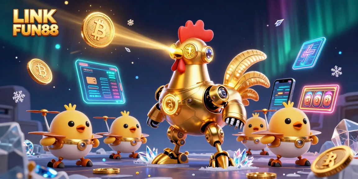 Engage with LINK FUN88 through this vibrant casino world featuring a golden rooster robot amidst dynamic gaming elements.