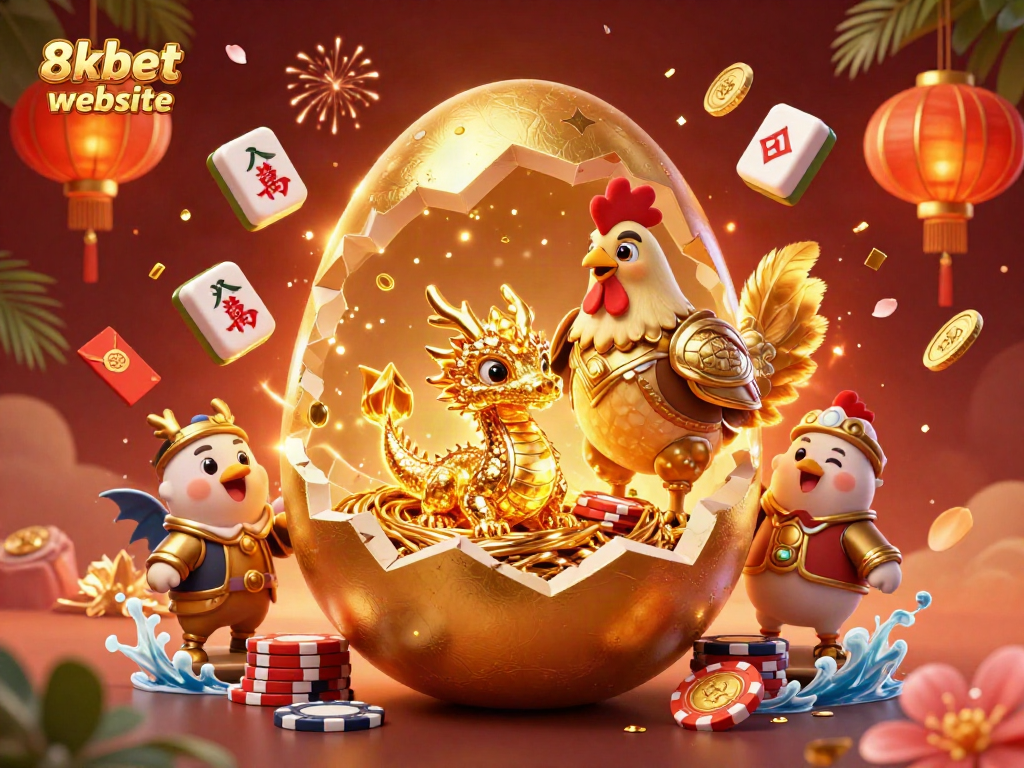The 8xbet website showcases a vibrant 3D illustration of a golden dragon and poker chips amidst a lively casino atmosphere.