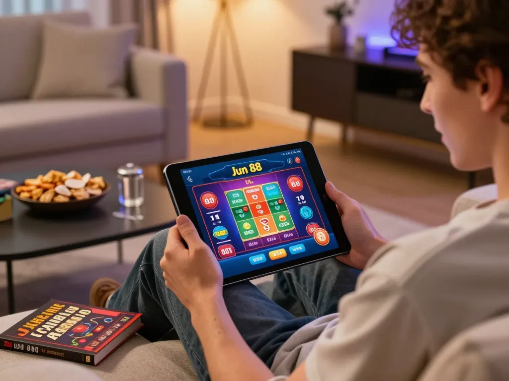 Engaging scene of a user interacting with the Jun 88 casino app on a tablet, highlighting strategic online gaming.