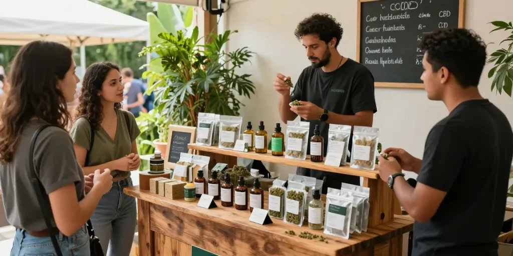 Colorful display of cbd hašiš products at a lively cannabis market