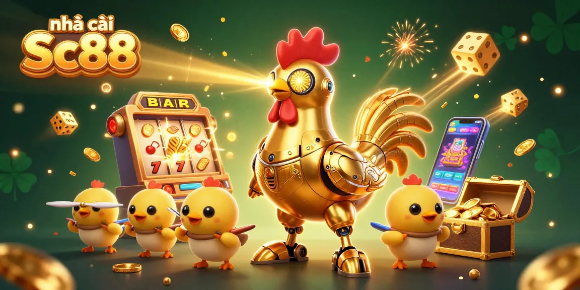 Experience casino excitement with nhà cái Sc88 featuring golden rooster robot and slot machine elements.