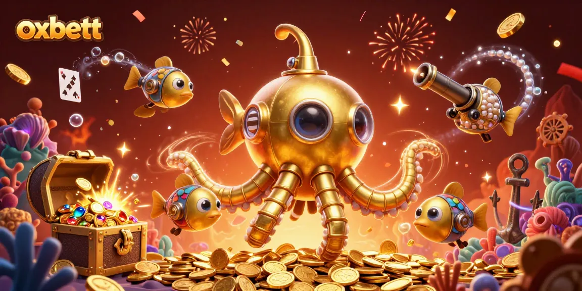 Play games and win at oxbett in a vibrant 3D underwater casino scene with the kraken and treasures.