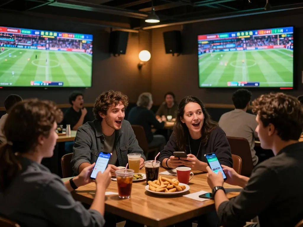 Excited sports bettors analyzing kèo nhà cái odds on smartphones during a live match.