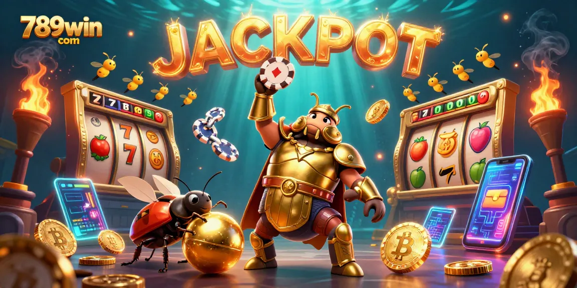 Experience the thrill of 789win com with a 3D illustration showcasing a victorious beetle lifting poker chips amid casino elements.