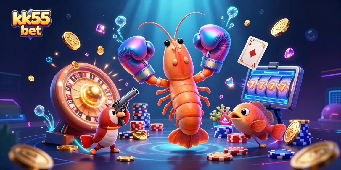 Engage with kk55 bet as a 3D mantis shrimp punches through golden coins in a vibrant casino scene.