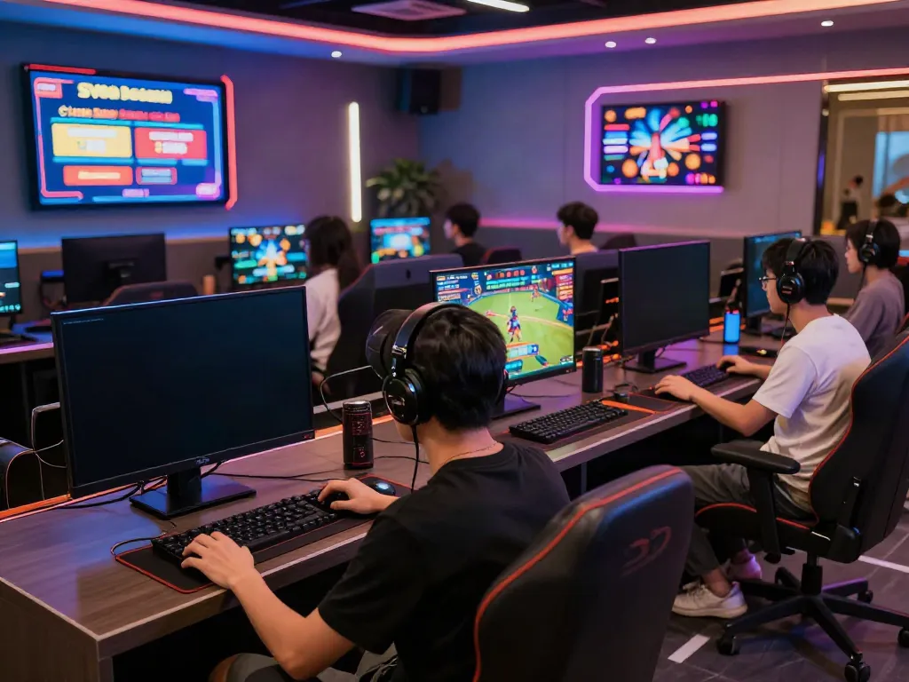 Online gaming players engaged at SV88 platform with vibrant decor and screens showing exciting games.