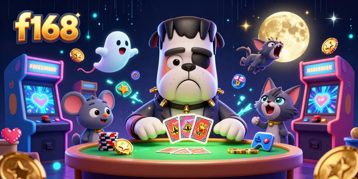 Play exciting games at f168 online casino featuring a card-dealing monster and casino elements.
