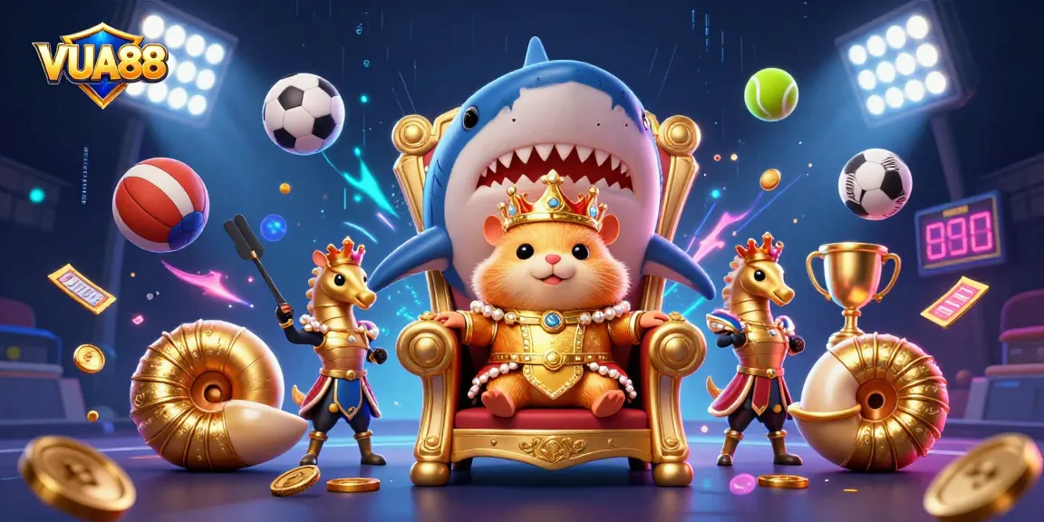 VUA88 features a dynamic scene with a golden hamster king and vibrant sports betting elements.