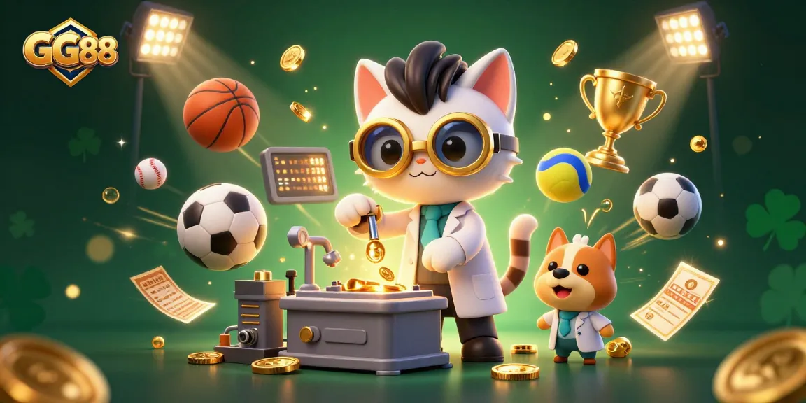Experience the thrill of GG88 with a cartoon mad scientist creating gold coins amidst dynamic sports elements.