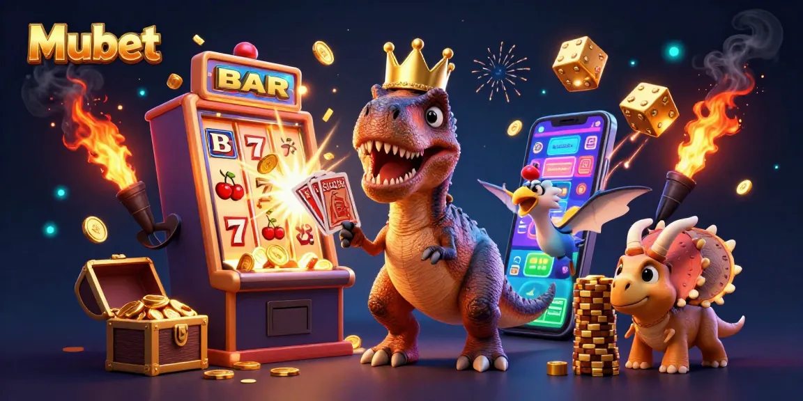 Mubet's lively 3D illustration of a T-Rex shuffling cards, showcasing dynamic casino elements.