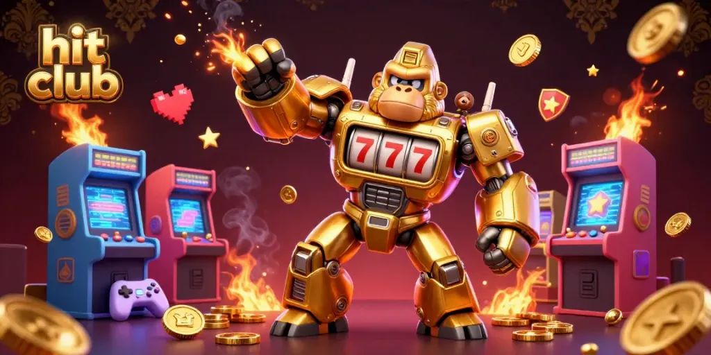Engage with hit club's gaming adventure featuring a dynamic golden gorilla mech amidst vibrant casino elements.