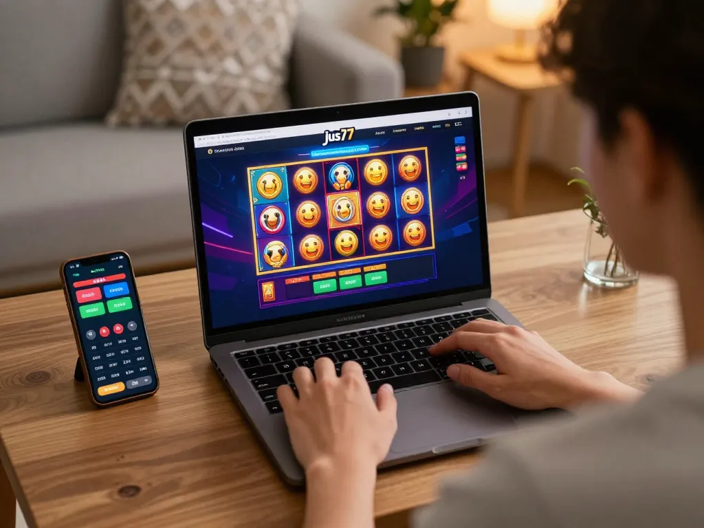 Engaging with the jus77 online gaming platform on a laptop in a cozy home setting, emphasizing responsible gambling.