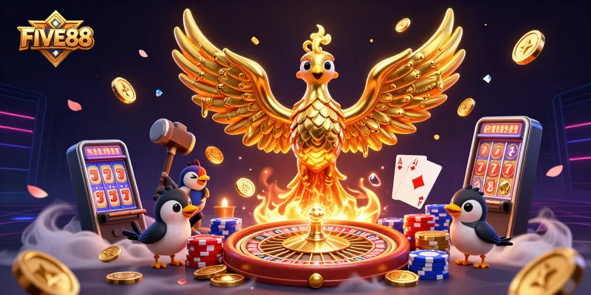 Experience the thrill of FIVE88 with a vibrant 3D scene featuring a molten metal phoenix and casino elements.