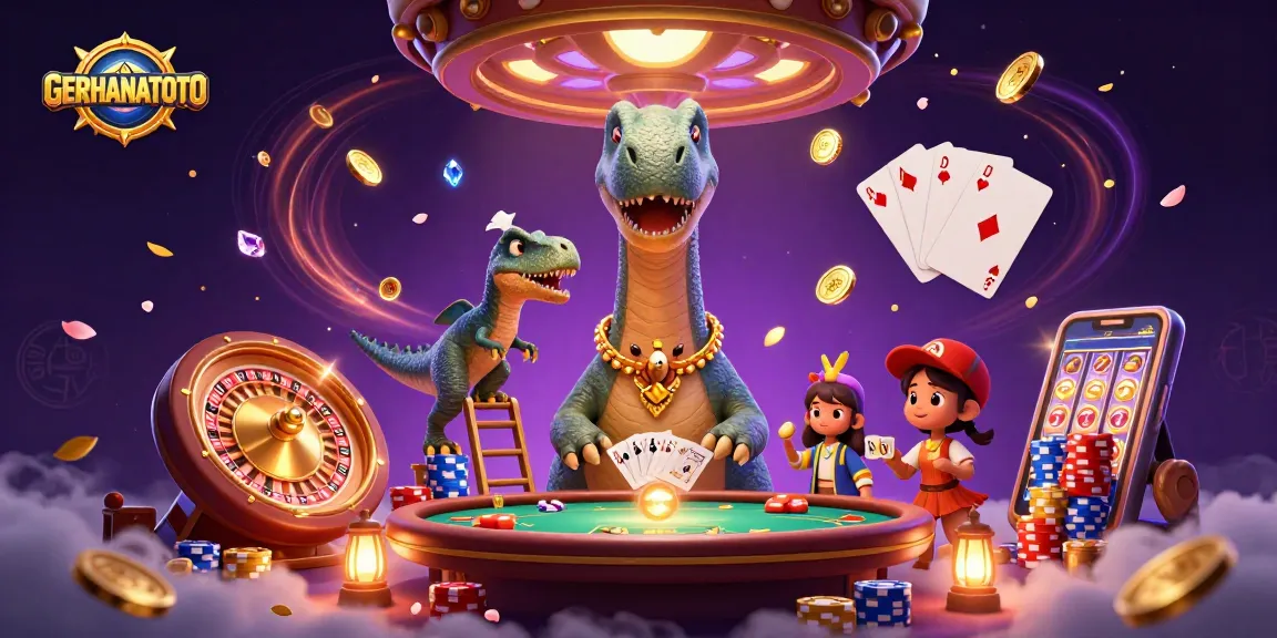 GERHANATOTO menghadirkan ilustrasi kasino dengan dinosaurus dan elemen permainan yang menarik.