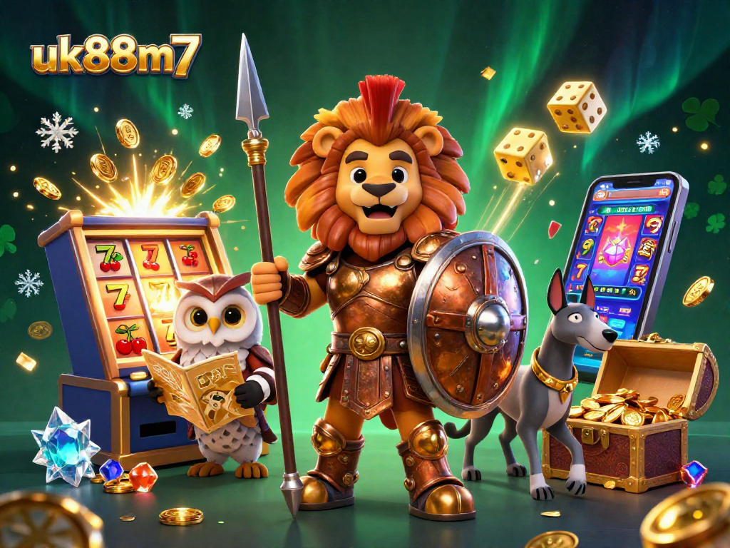 Experience the thrill with uk88m7's dynamic casino scene featuring a jackpot explosion and vibrant characters.
