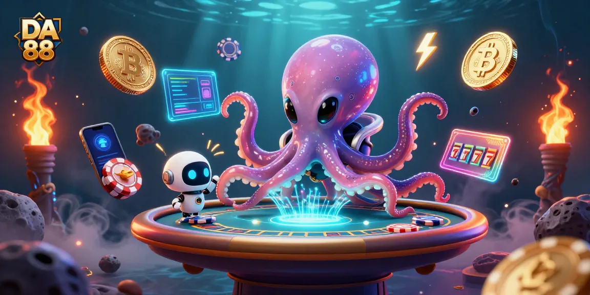 Join DA 88 at a vibrant alien casino featuring poker and crypto-themed elements.