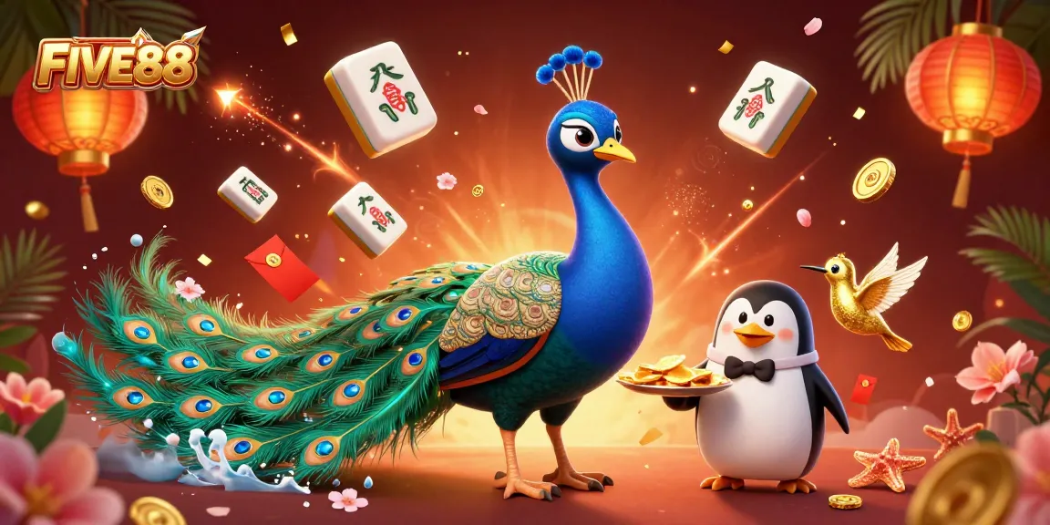 Experience the thrill of FIVE88 with a lavish scene featuring a peacock, butler penguin, and hummingbird amidst casino elements.