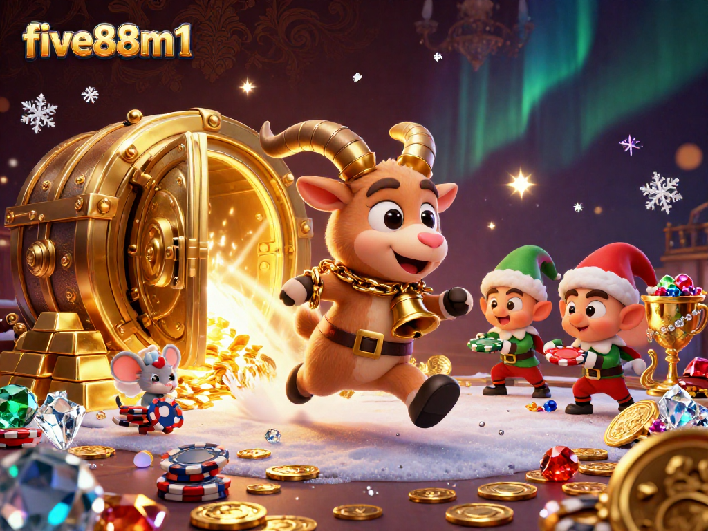 Experience thrilling actions at five88m1 with festive casino characters and treasures in a vibrant illustration.