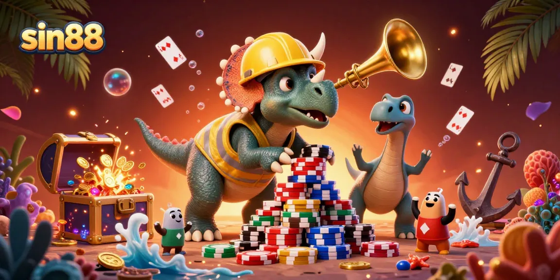 Experience sin88 excitement with a spirited 3D casino scene featuring vibrant characters and dynamic game elements.