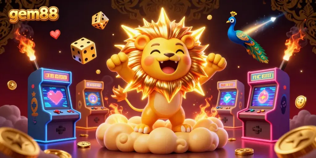 Experience thrilling gameplay with gem88 – a festive 3D casino scene featuring animated characters and vibrant game elements.