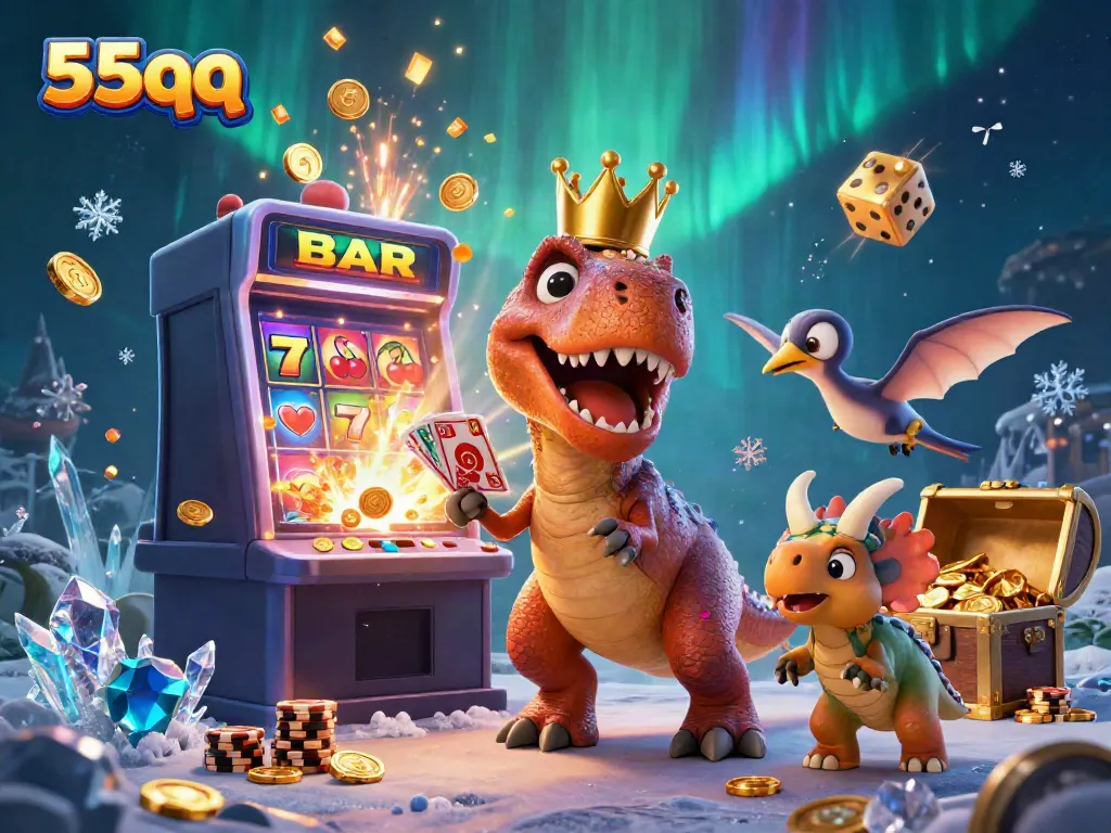 Experience excitement with 55qq as a T-Rex shuffles cards alongside a pterodactyl, surrounded by jackpot elements.
